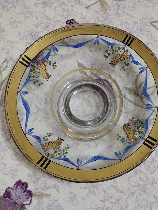 Other - Clear Glass Serving Cake Plate with Gold Rim and Painted Floral Baskets